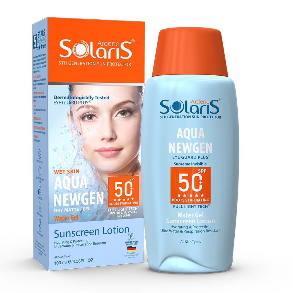 لوسیون آبی ضد آفتاب spf50  فاقد چربی بدون رنگ آردن سولاریسAQUA NEWGEN